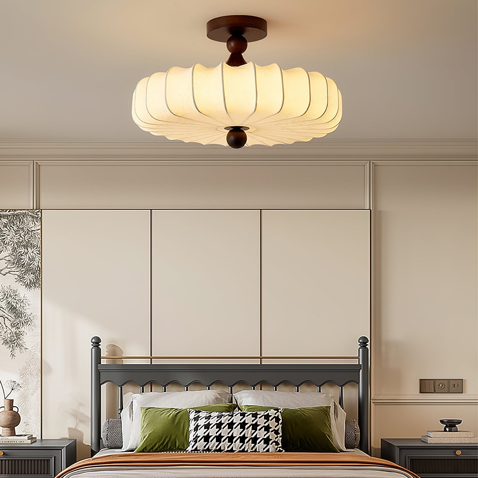 Anela Plafondlamp Walnoot met Beige Gevlochten Kap – Retro Scandinavische Hanglamp met Geïntegreerde LED – Dimbare Plafondverlichting | Sansoti