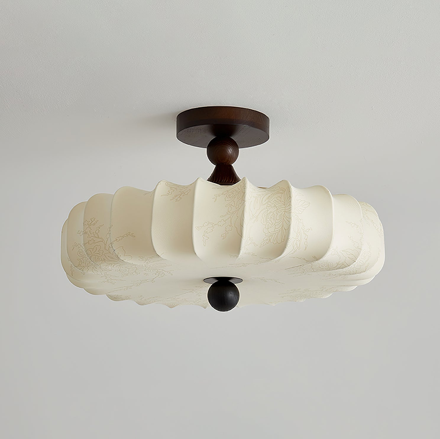 Anela Plafondlamp Walnoot met Beige Gevlochten Kap – Retro Scandinavische Hanglamp met Geïntegreerde LED – Dimbare Plafondverlichting | Sansoti
