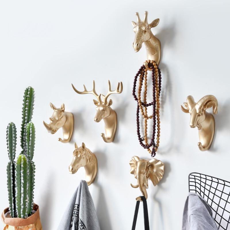 Decoratieve Dierenkop Wandhaak in Goud Wit Zwart voor Sleutels Tassen Handdoeken | Giraffehaak Olifanthaak Neushoornhaak Hert Ram Paard | Gietijzer Wanddecoratie Hal Badkamer Slaapkamer | Sansoti