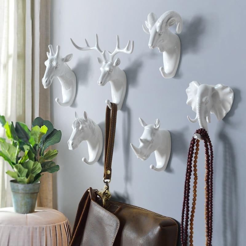 Decoratieve Dierenkop Wandhaak in Goud Wit Zwart voor Sleutels Tassen Handdoeken | Giraffehaak Olifanthaak Neushoornhaak Hert Ram Paard | Gietijzer Wanddecoratie Hal Badkamer Slaapkamer | Sansoti