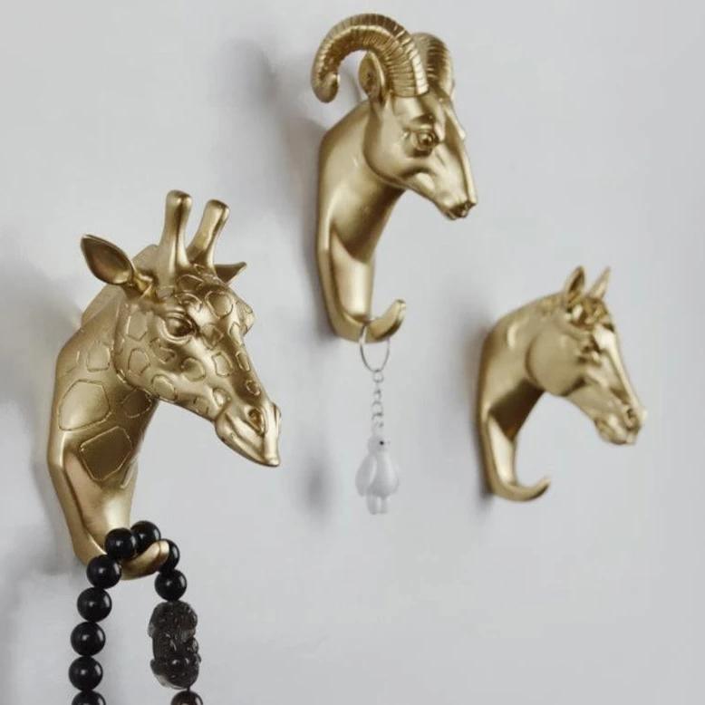 Decoratieve Dierenkop Wandhaak in Goud Wit Zwart voor Sleutels Tassen Handdoeken | Giraffehaak Olifanthaak Neushoornhaak Hert Ram Paard | Gietijzer Wanddecoratie Hal Badkamer Slaapkamer | Sansoti