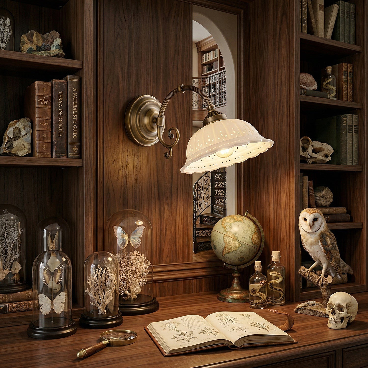 Keramische Wandlamp met Messing Armature | Vintage Victorian Stijl | Antique Brass Finish & Opengewerkte Kap | Sansoti