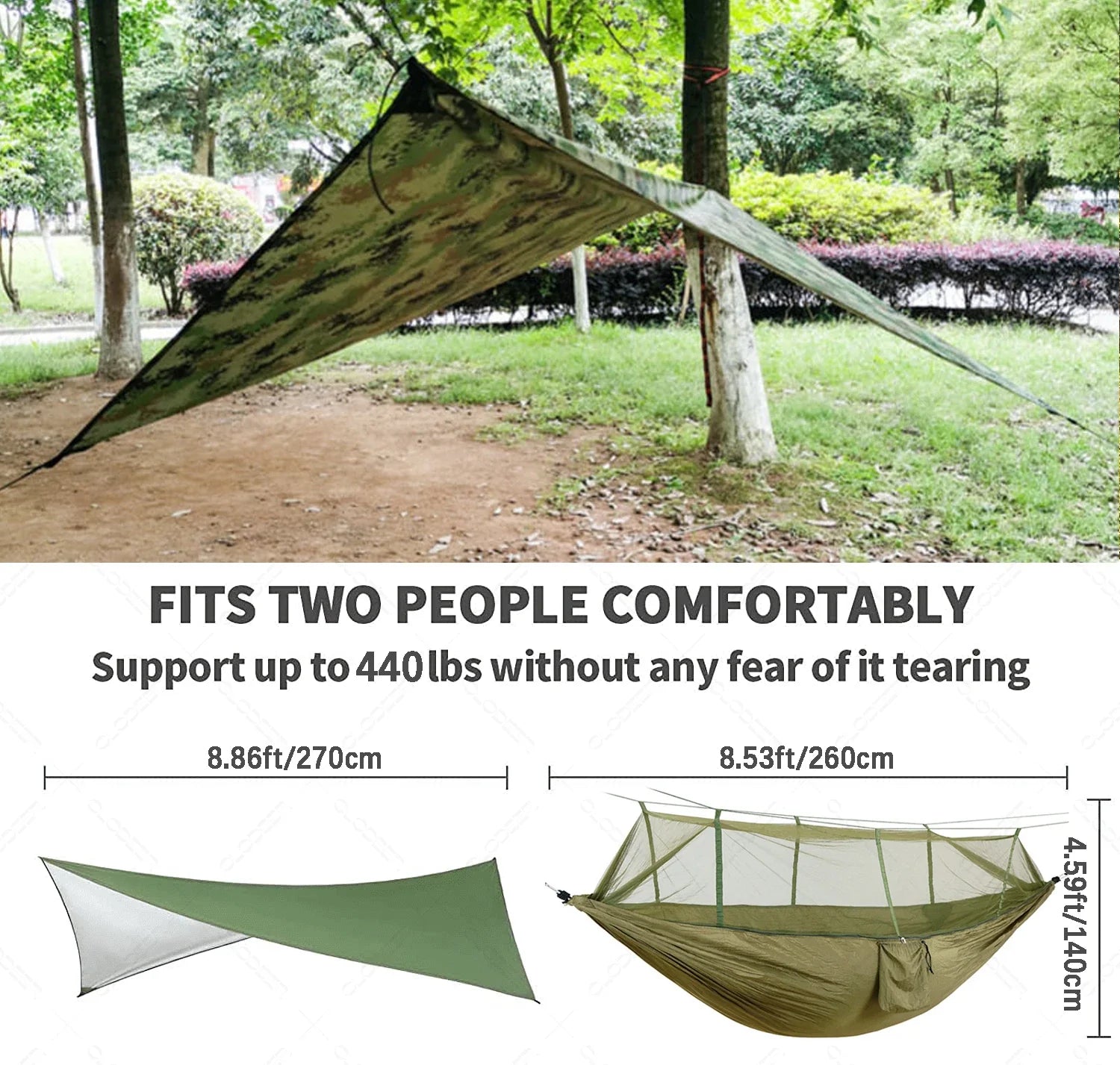 Camping Hangmat voor 2 Personen met Regenscherm en Muskietennet | Sansoti