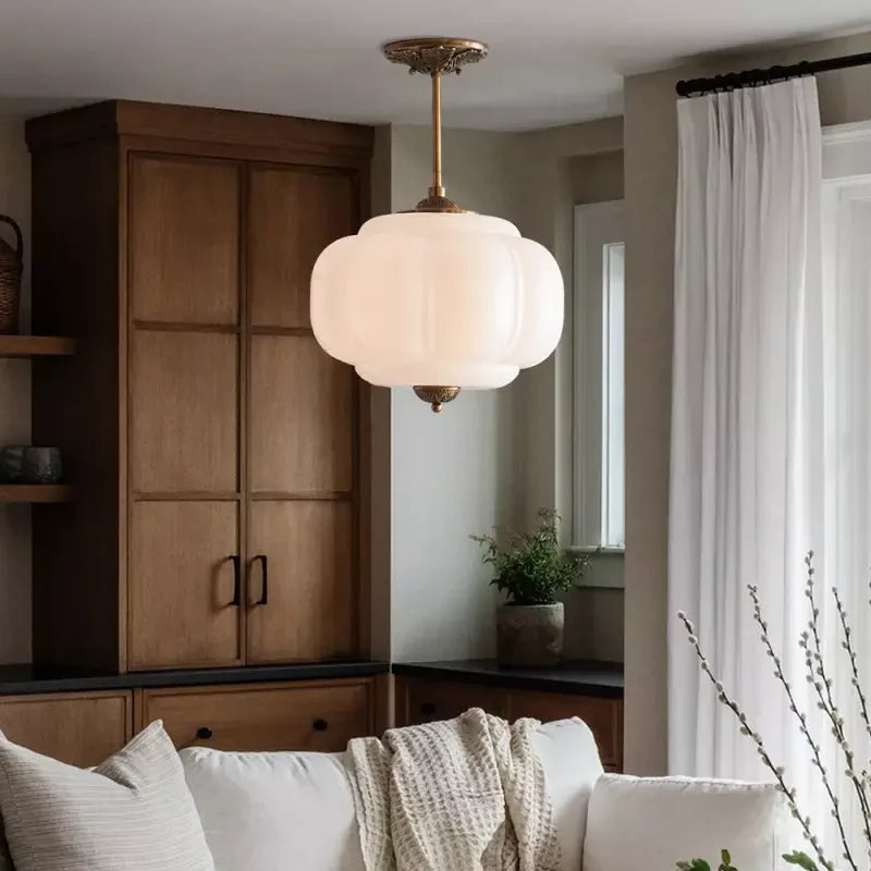 Antique Brass Plafondlamp met Groen Glas Pompoendesign - Elegante Hanglamp voor Eetkamer Keukeneiland Slaapkamer | Sansoti