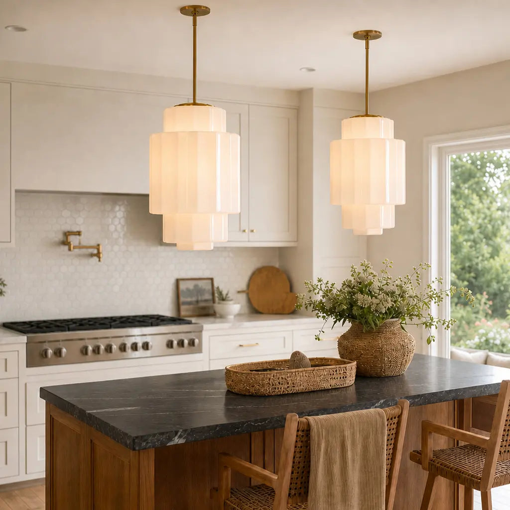 Gelaagde Opaalglas Hanglamp met Antiek Messing Antieke Nostalgische Vintage Verlichting Eetkamer Keukeneiland Entree | Sansoti