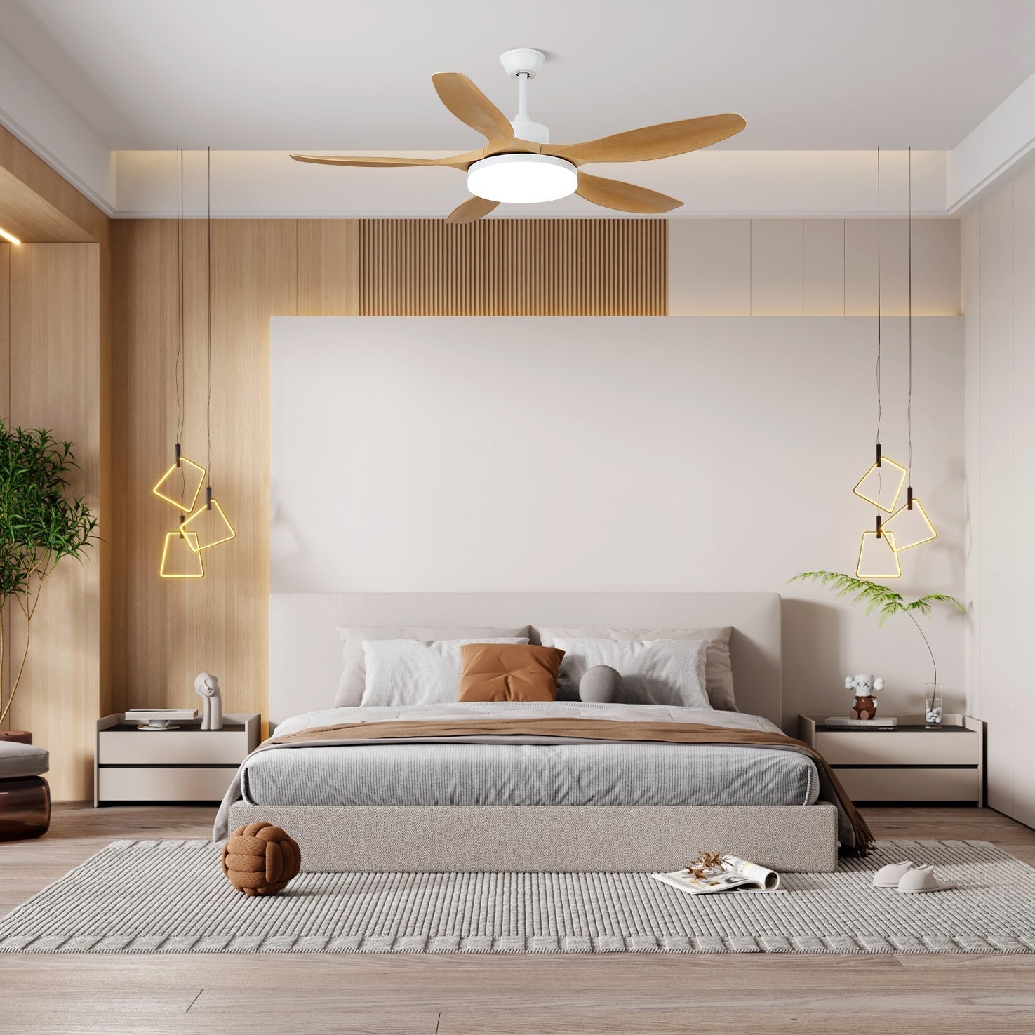 Minimalist Ceiling Fan with Lighting – Wood Grain & LED – 6 Settings | Sansoti