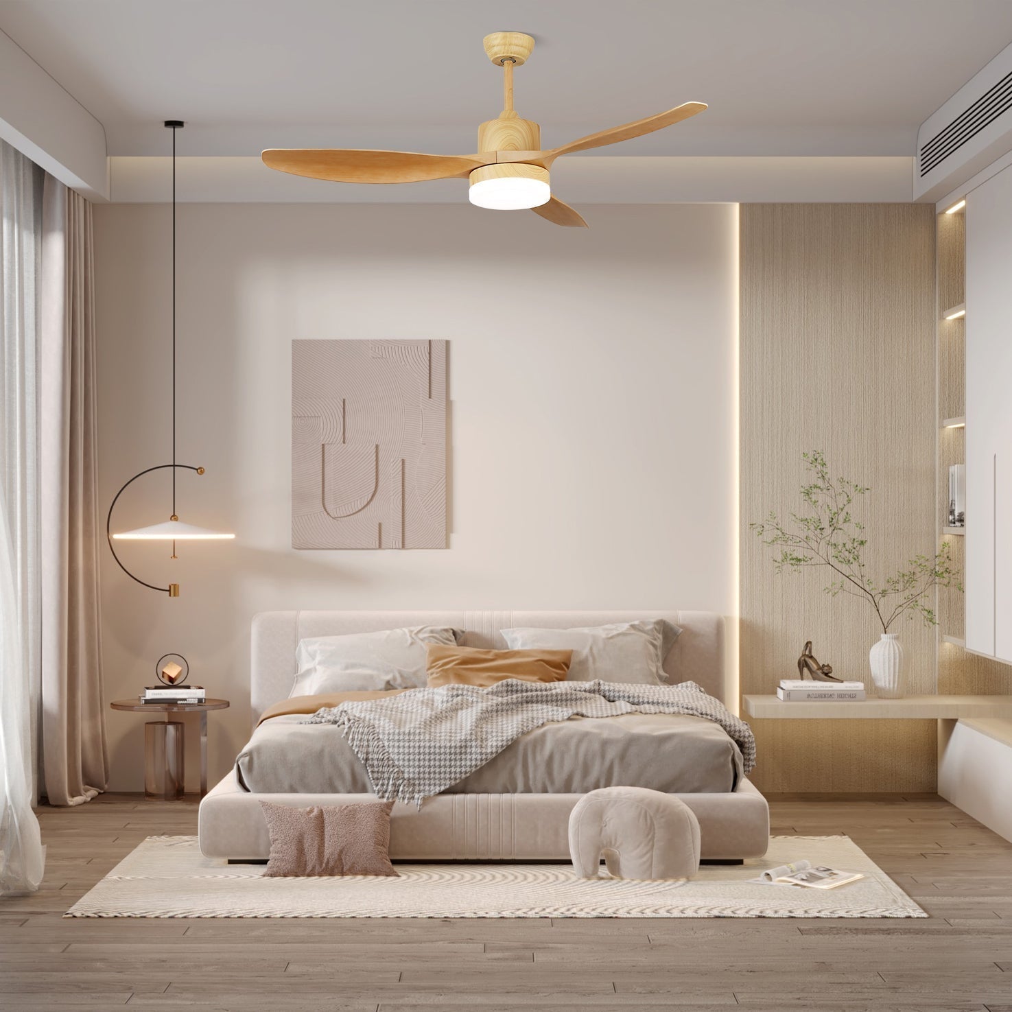 Minimalist Ceiling Fan with Lighting – Wood Grain & LED – 6 Settings | Sansoti