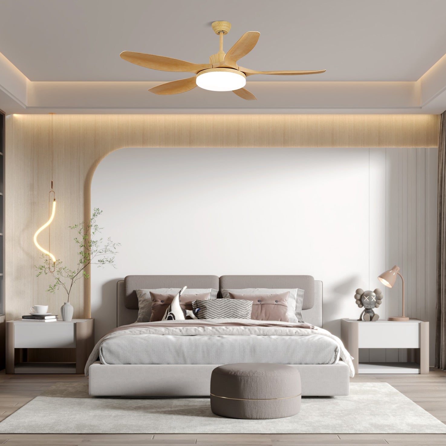 Plafondventilator met LED-verlichting 122/132 cm — DC-motor 6 snelheden ABS-bladen natuurlijke houtnerfafwerking hydrografisch afstandsbediening 3 kleurtemperaturen geïntegreerde verlichting ventilatorfunctie plafondmontage | Sansoti