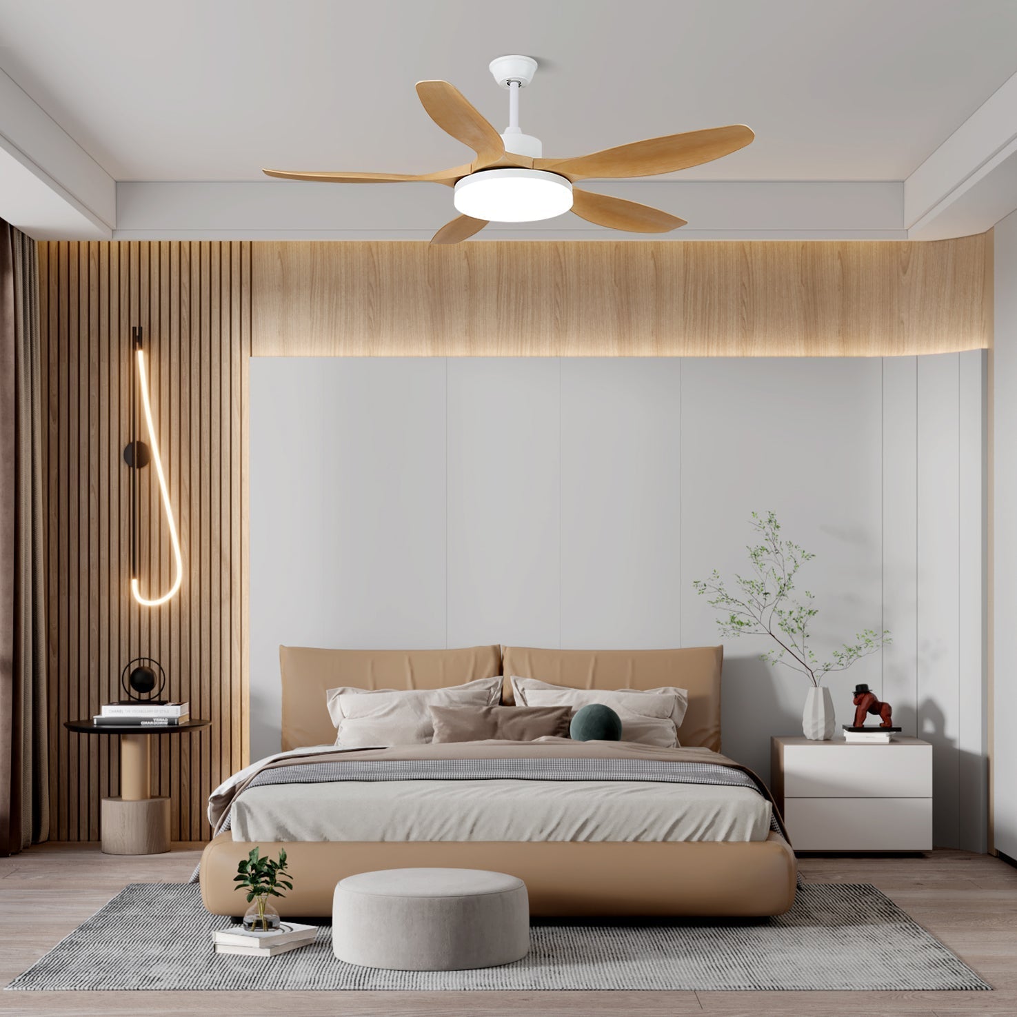 Minimalist Ceiling Fan with Lighting – Wood Grain & LED – 6 Settings | Sansoti