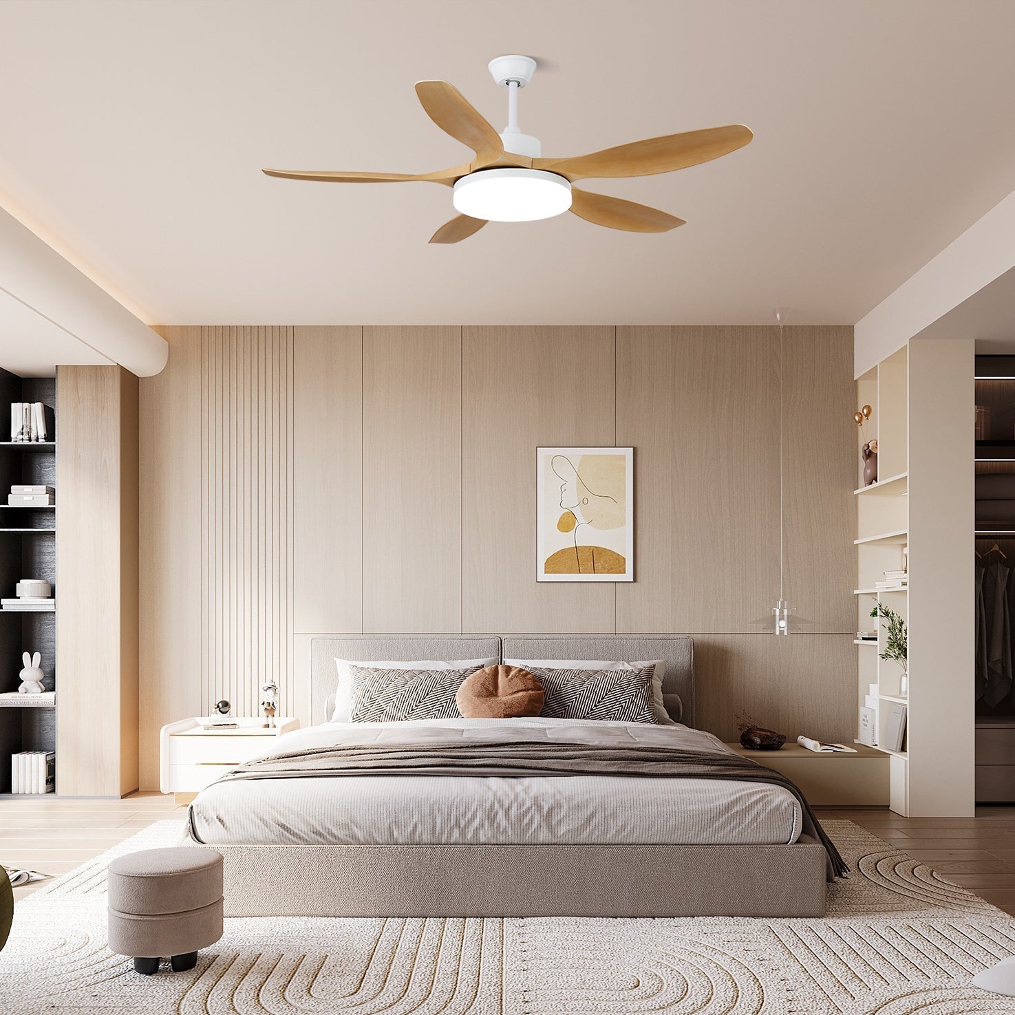 Minimalist Ceiling Fan with Lighting – Wood Grain & LED – 6 Settings | Sansoti
