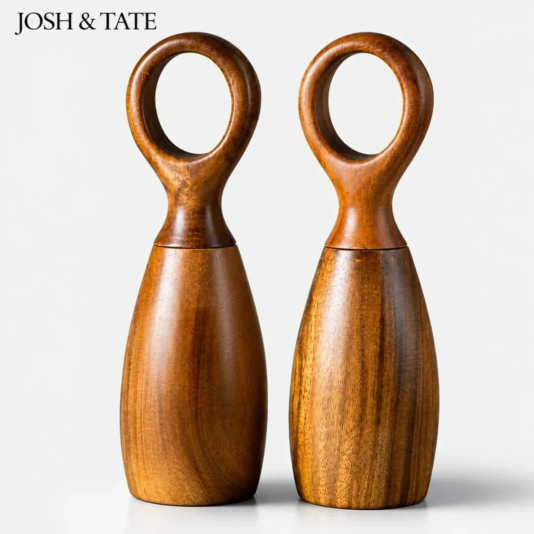 Wooden Pepper and Salt Mill Set Acacia Round Handle Table Seasonings Kitchen Utensil Freshly Ground Spices | Sansoti