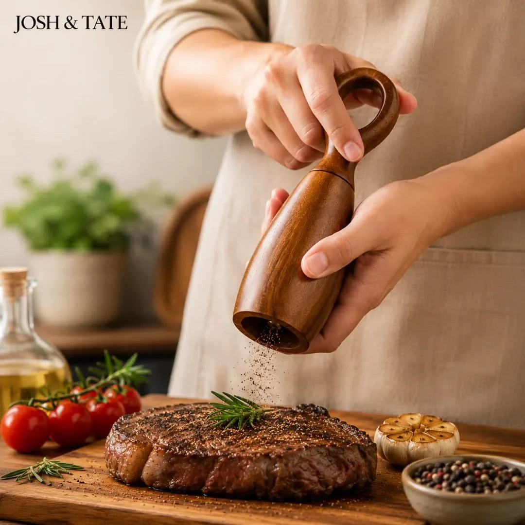 Wooden Pepper and Salt Mill Set Acacia Round Handle Table Seasonings Kitchen Utensil Freshly Ground Spices | Sansoti