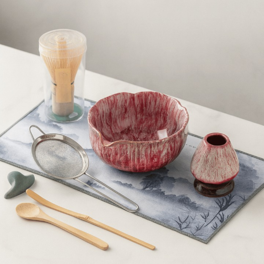 Matcha Thee Set 8-Delig met Keramische Kom 550ml Bamboe Garde Lepel Zeef voor Traditionele Japanse Theeceremonie | Sansoti