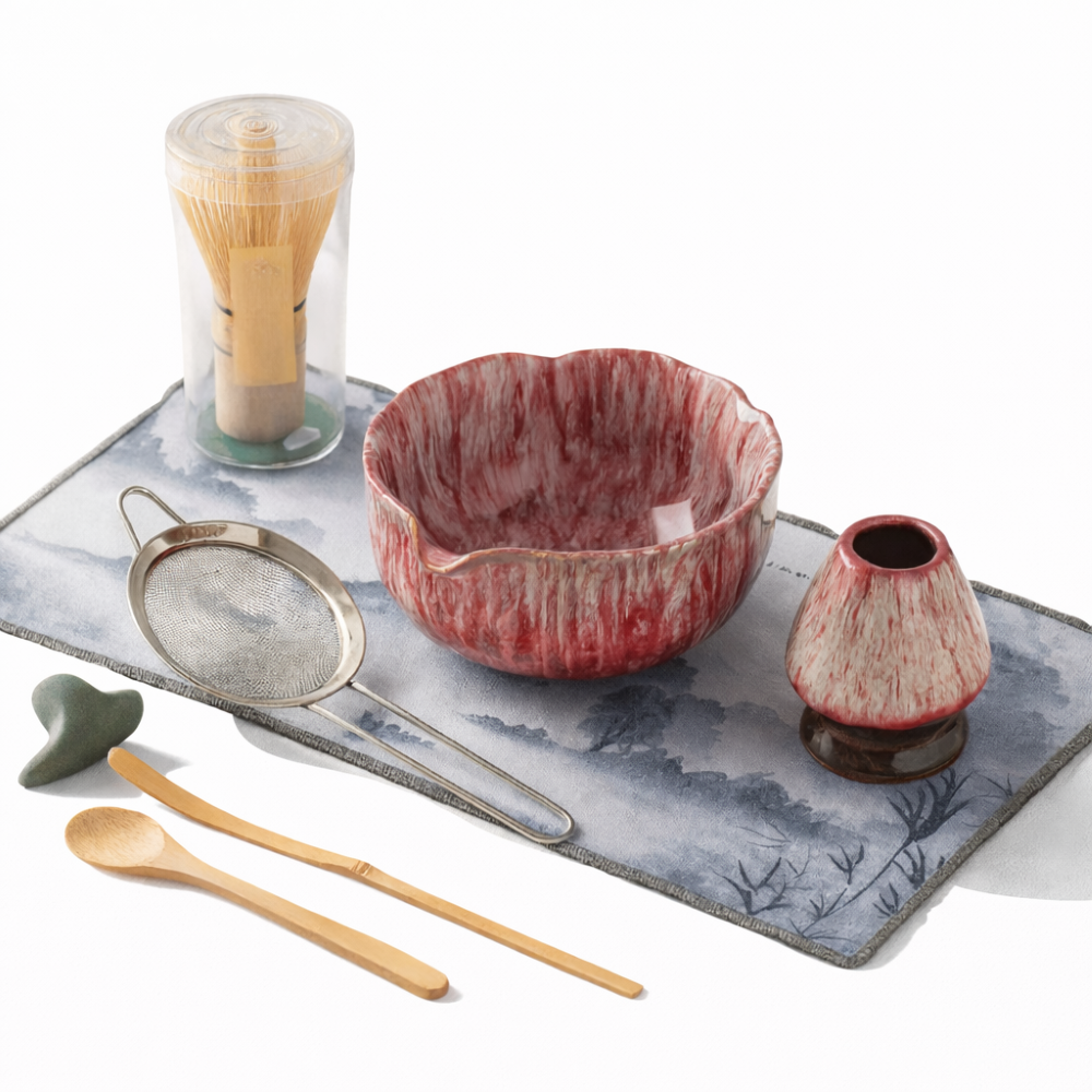 Matcha Thee Set 8-Delig met Keramische Kom 550ml Bamboe Garde Lepel Zeef voor Traditionele Japanse Theeceremonie | Sansoti