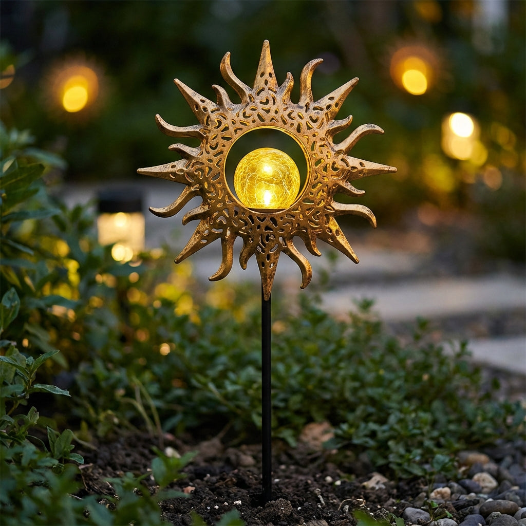 Solar Tuinsteker Zon IJzer Crackle Glas LED Warm Licht Tuin Pad Decoratie Zonne-energie Automatisch Sfeerverlichting | Sansoti