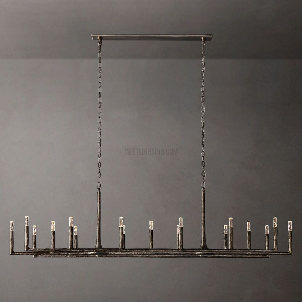 Lustre linéaire en métal forgé et verre 137cm 183cm 244cm laiton bronze étain coin repas foyer salon | Sansoti