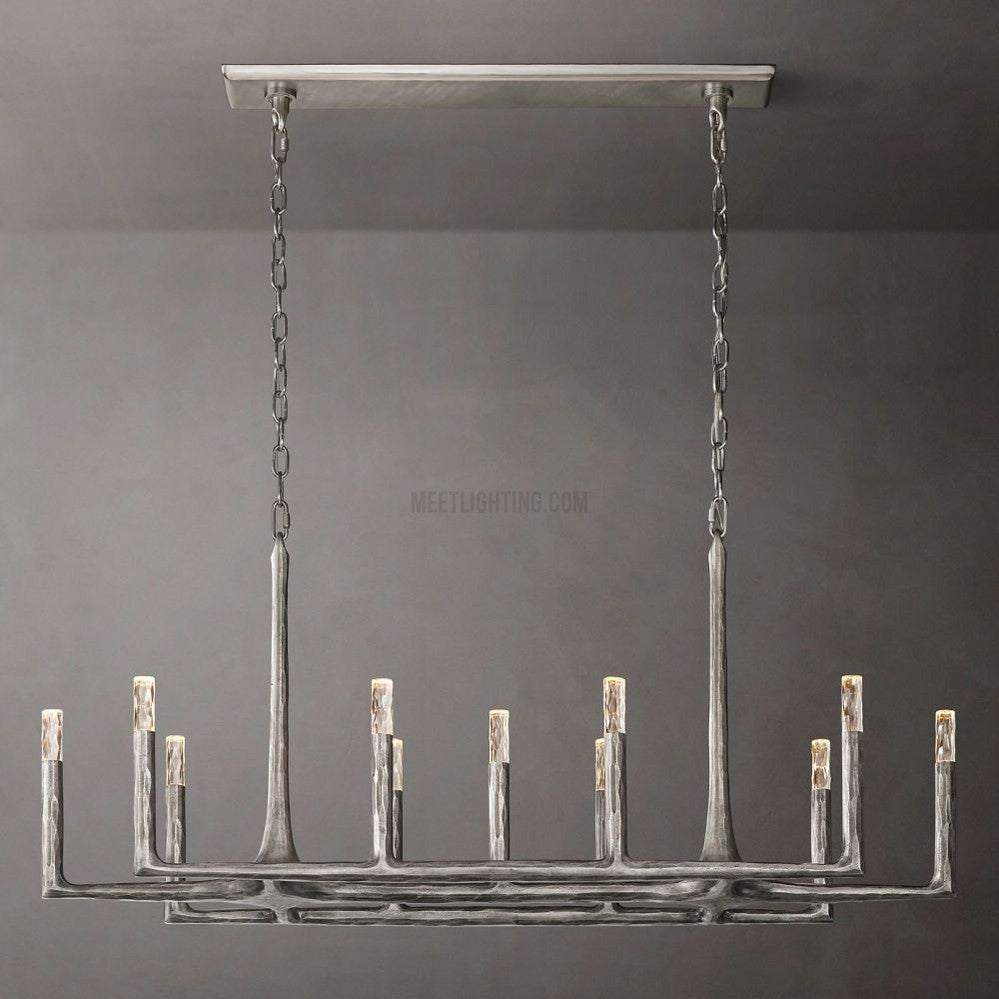 Lustre linéaire en métal forgé et verre 137cm 183cm 244cm laiton bronze étain coin repas foyer salon | Sansoti