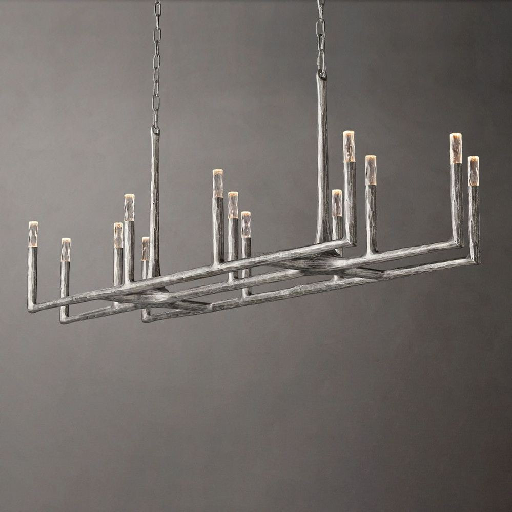 Lustre linéaire en métal forgé et verre 137cm 183cm 244cm laiton bronze étain coin repas foyer salon | Sansoti