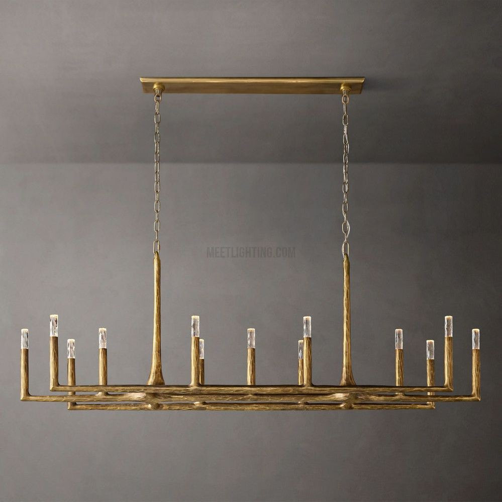Lustre linéaire en métal forgé et verre 137cm 183cm 244cm laiton bronze étain coin repas foyer salon | Sansoti