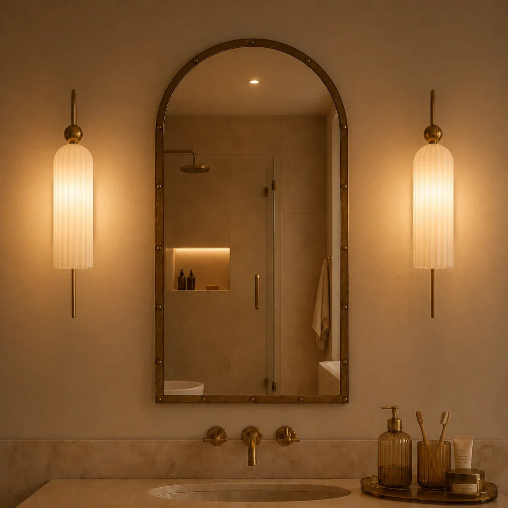 Geribbelde Glazen Wandlamp Cilindervorm met Gouden Fitting voor Gang, Slaapkamer, Woonkamer | Sansoti