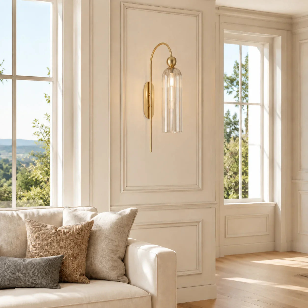 Geribbelde Glazen Wandlamp Cilindervorm met Gouden Fitting voor Gang, Slaapkamer, Woonkamer | Sansoti