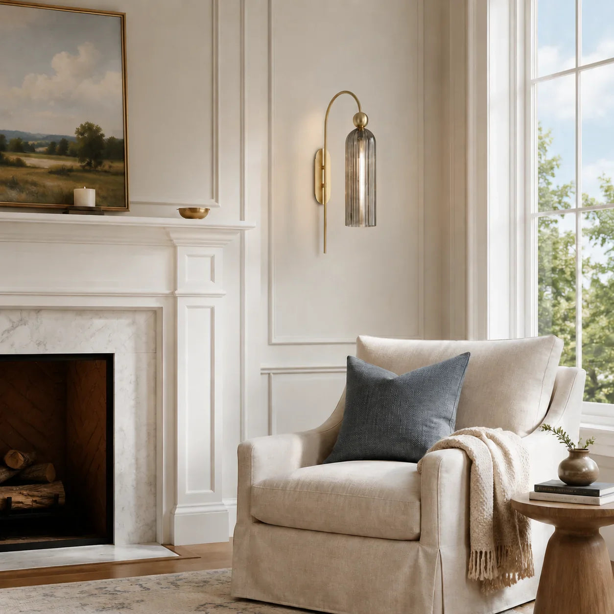 Geribbelde Glazen Wandlamp Cilindervorm met Gouden Fitting voor Gang, Slaapkamer, Woonkamer | Sansoti