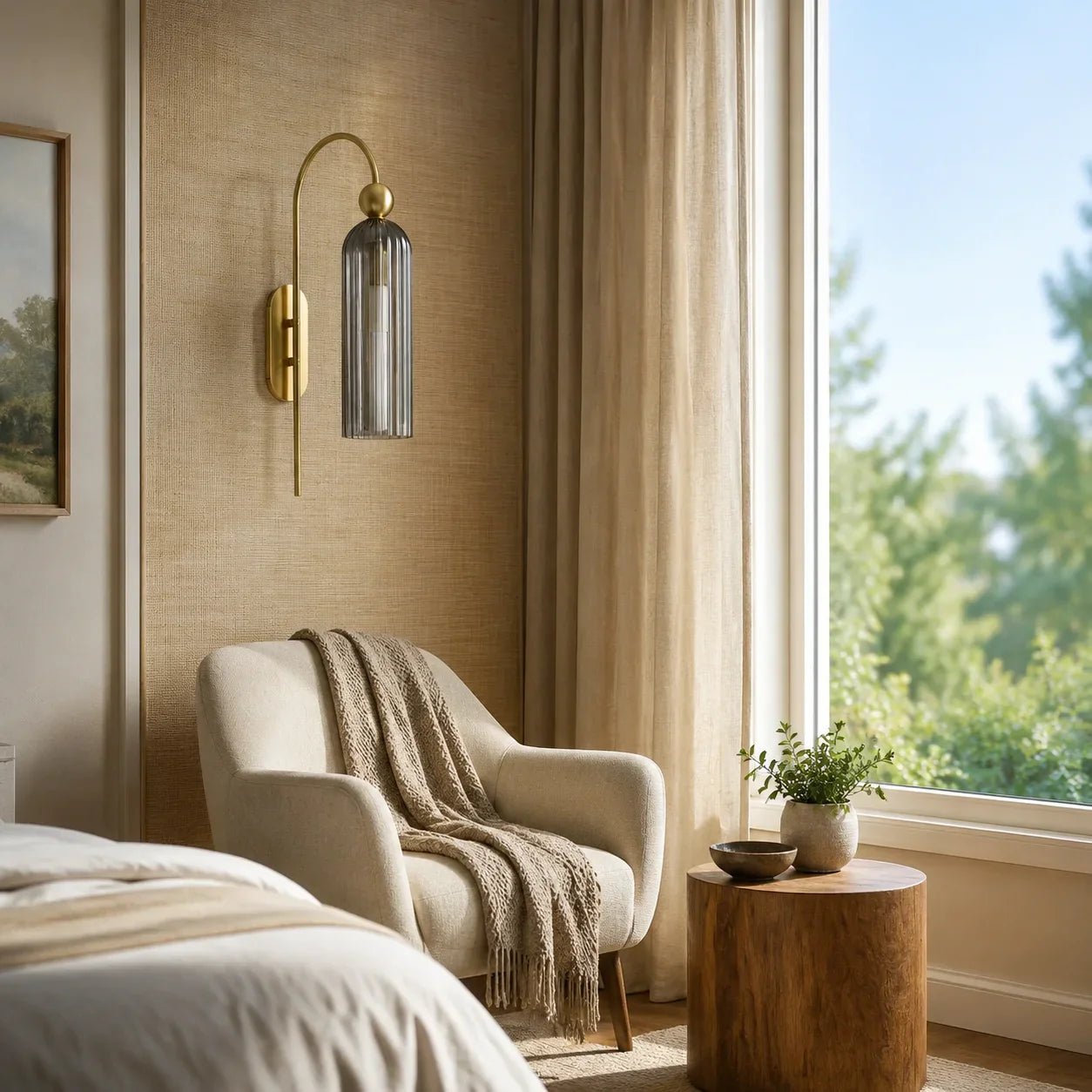 Geribbelde Glazen Wandlamp Cilindervorm met Gouden Fitting voor Gang, Slaapkamer, Woonkamer | Sansoti