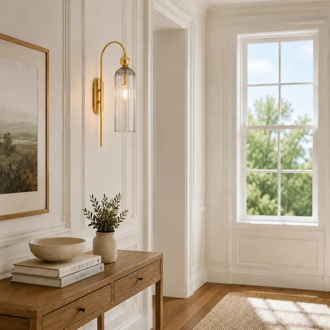 Geribbelde Glazen Wandlamp Cilindervorm met Gouden Fitting voor Gang, Slaapkamer, Woonkamer | Sansoti