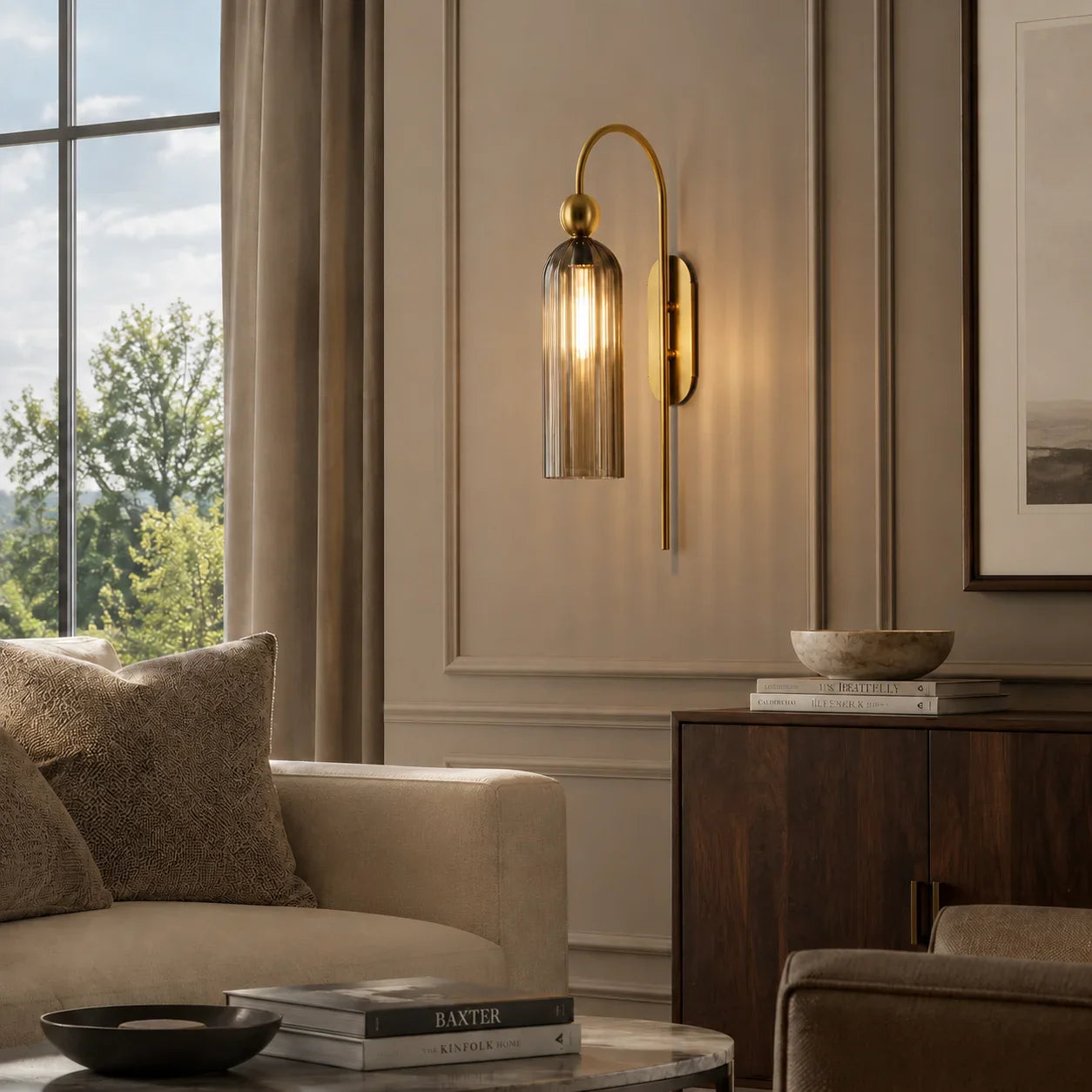 Geribbelde Glazen Wandlamp Cilindervorm met Gouden Fitting voor Gang, Slaapkamer, Woonkamer | Sansoti