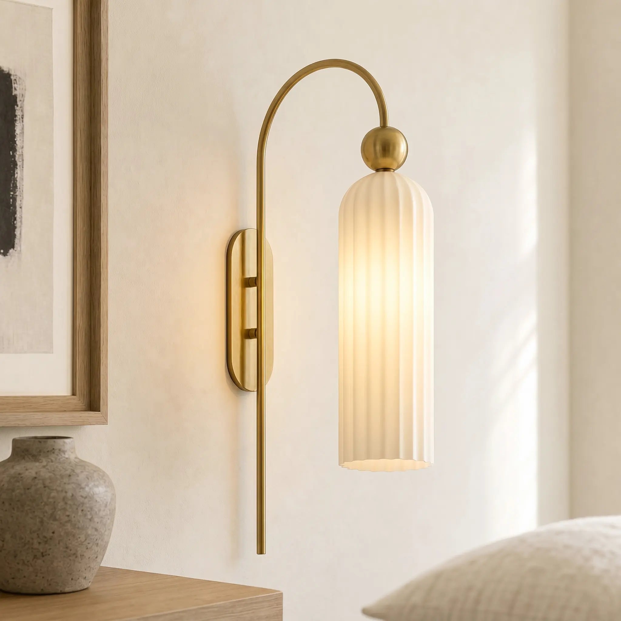Geribbelde Glazen Wandlamp Cilindervorm met Gouden Fitting voor Gang, Slaapkamer, Woonkamer | Sansoti