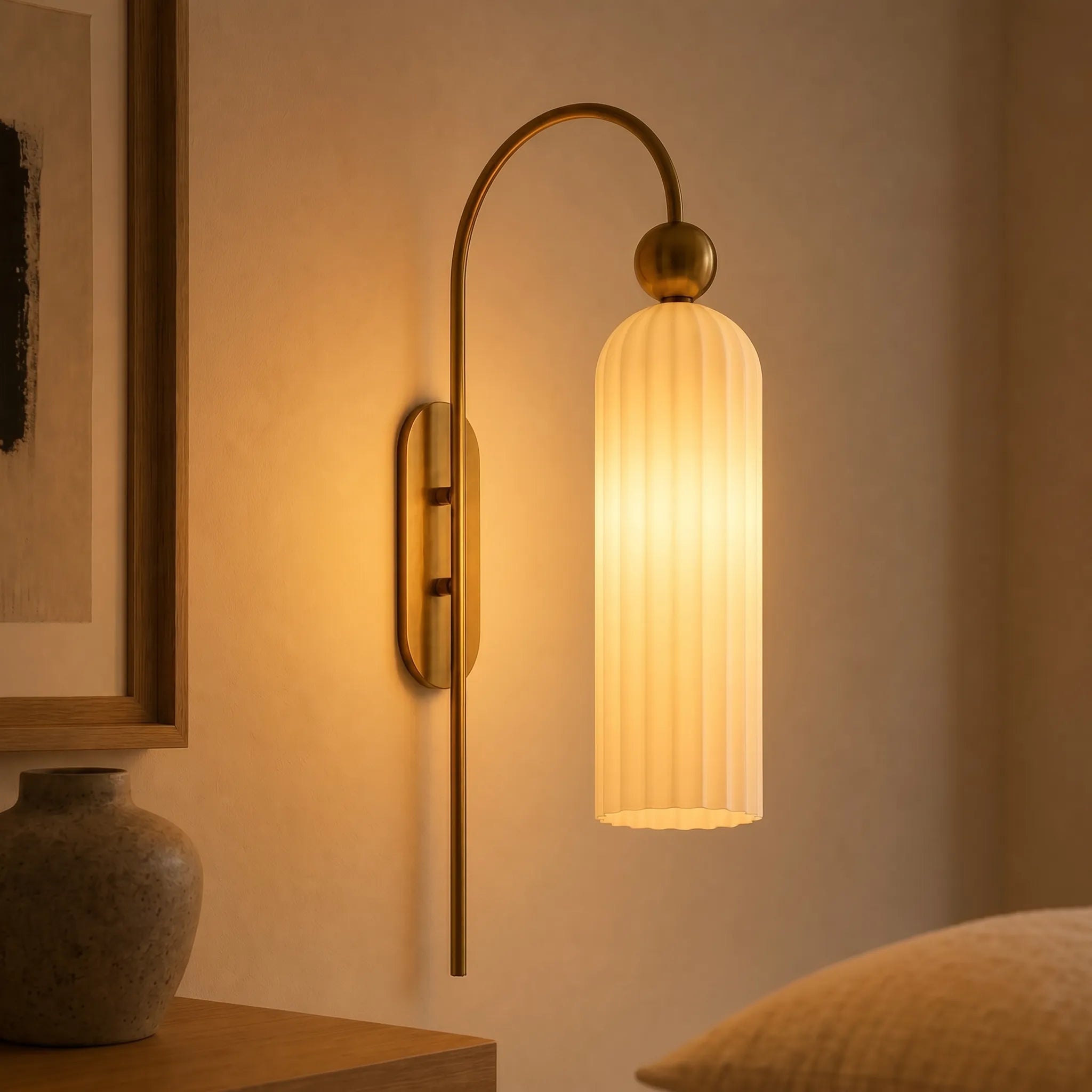 Geribbelde Glazen Wandlamp Cilindervorm met Gouden Fitting voor Gang, Slaapkamer, Woonkamer | Sansoti