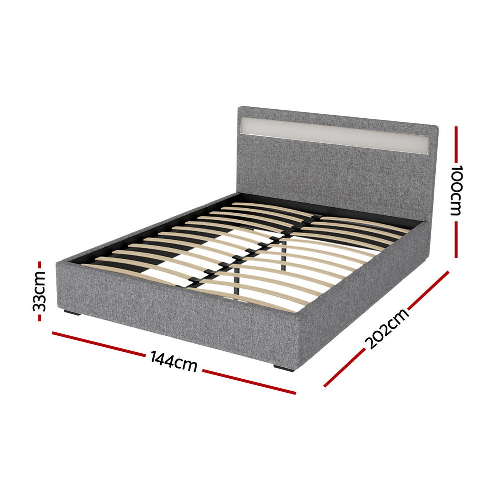 Doppelbettrahmen mit Gaslift-Stauraum und LED-Kopfteil – Grau Gepolstert 140x190 cm | Restfield