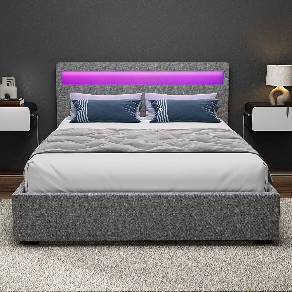 Doppelbettrahmen mit Gaslift-Stauraum und LED-Kopfteil – Grau Gepolstert 140x190 cm | Restfield