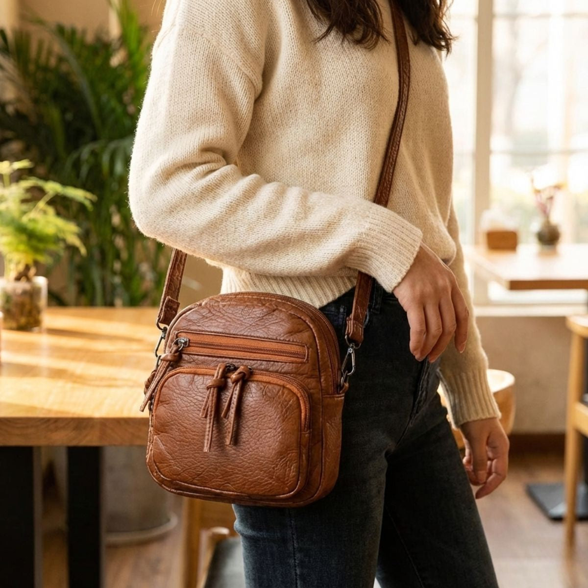 Compacte Schoudertas Dames Leer Elegant Design Bruin Zwart Handtas Crossbody Draagtas Dagelijks Gebruik | Sansoti