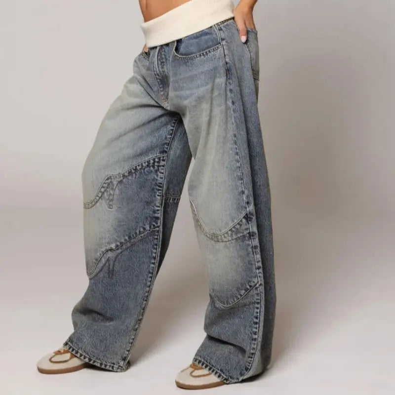 Wide-Leg Denim Trousers with Ribbed Waistband, Vintage Wash, Loose Fit, Baggy Jeans, Streetwear, Casual Women’s | Sansoti