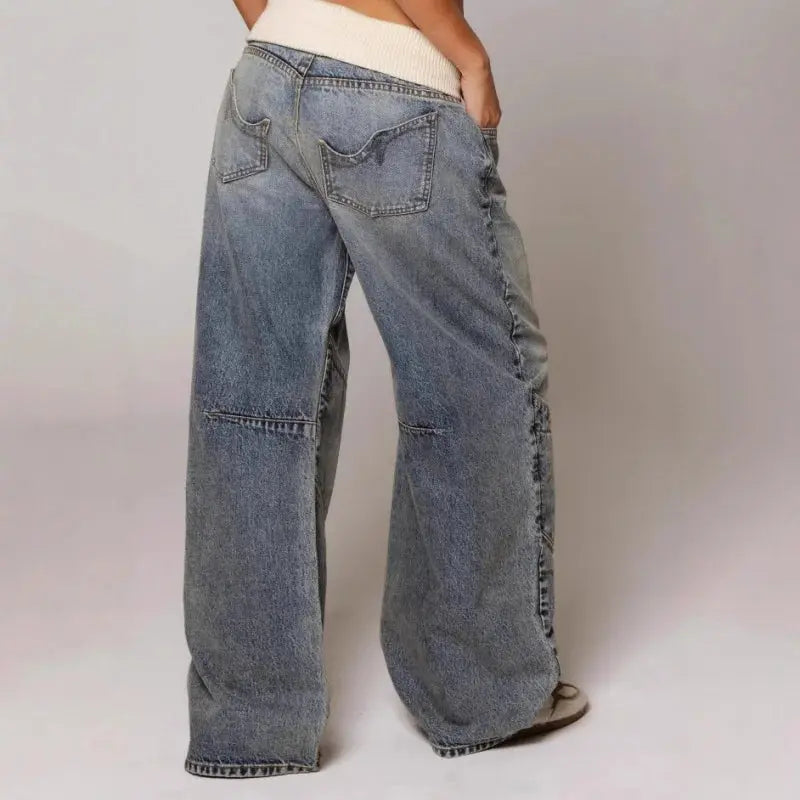 Wide-Leg Denim Trousers with Ribbed Waistband, Vintage Wash, Loose Fit, Baggy Jeans, Streetwear, Casual Women’s | Sansoti