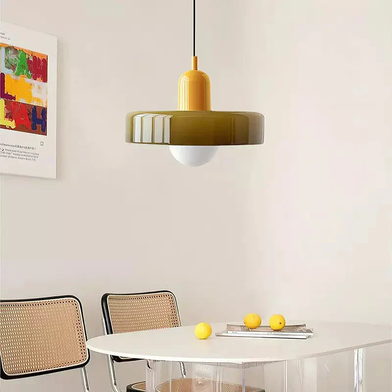 Bauhaus Hanglamp van Gekleurd Glas – Scandinavisch Design met Ronde Plafondkap – G9 Fitting met Verstelbare Kabel – Sfeervol Lichtkunstwerk | Sansoti