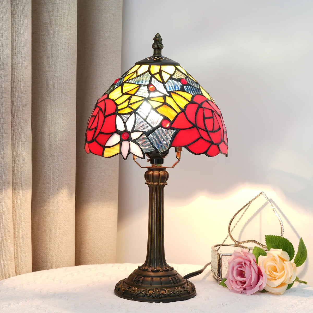 Vintage Tafellamp Glas-in-lood E27 Hars Kap Bureaulamp Nachtkastje Leeslamp Sfeerverlichting Woonkamer | Sansoti