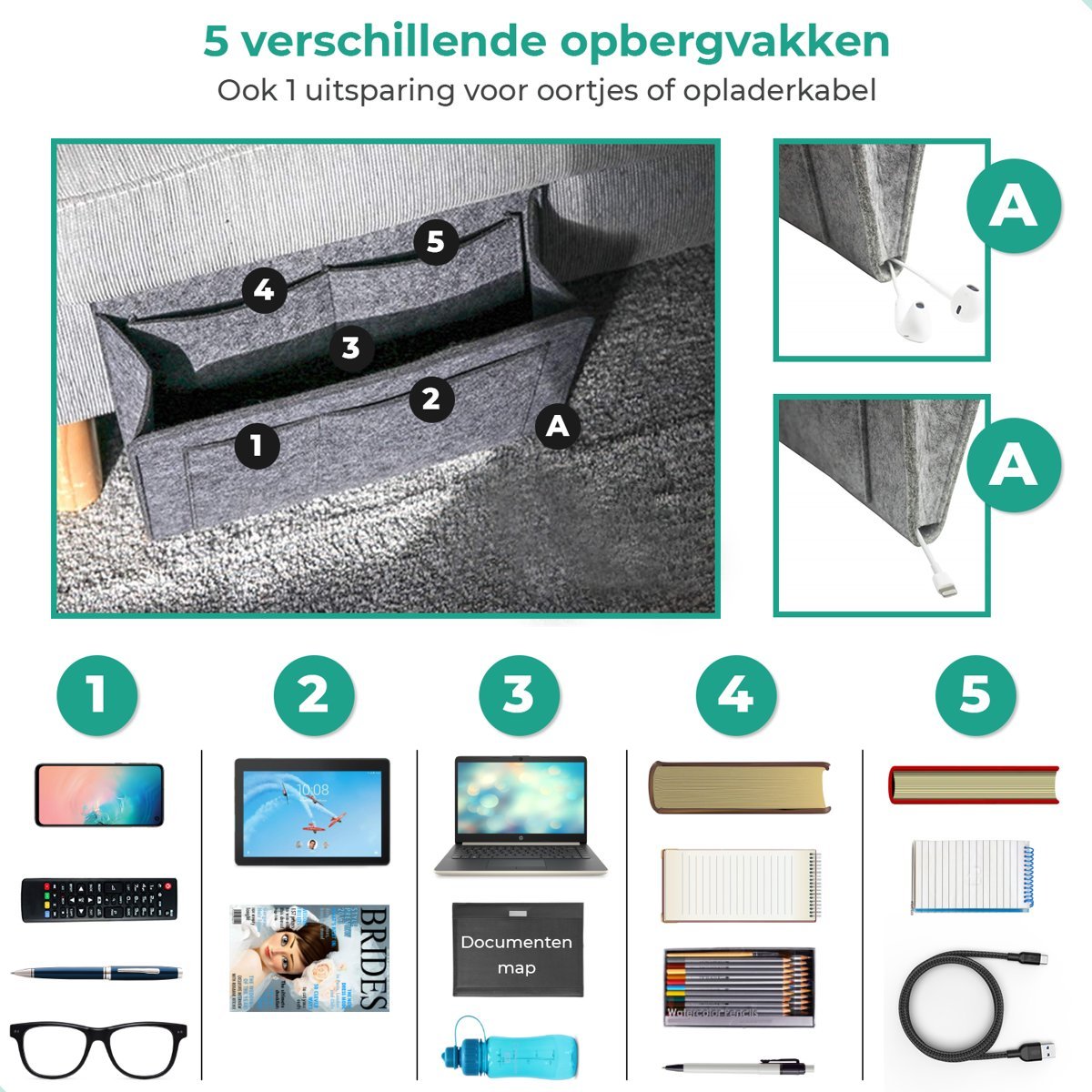 Vilten Bed Organizer Hangend voor Matras & Bank – Opbergzak Nachtkastje met Vakken – Praktische Opberger | Sansoti