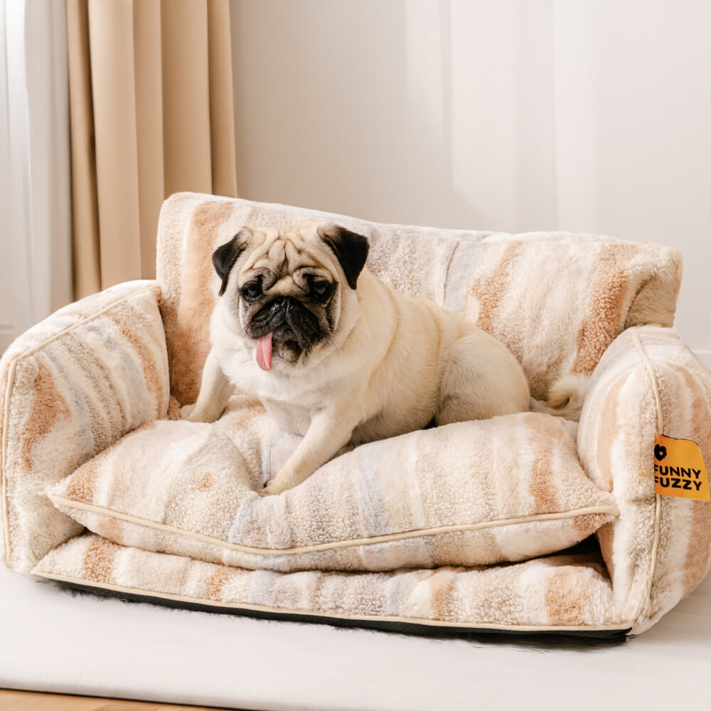Gestreepte Pluche Hondenbed Tweelaags Kunstlam Warm Afneembaar Beige Roze Zwart M L XL 2XL Huisdier Comfort | Sansoti