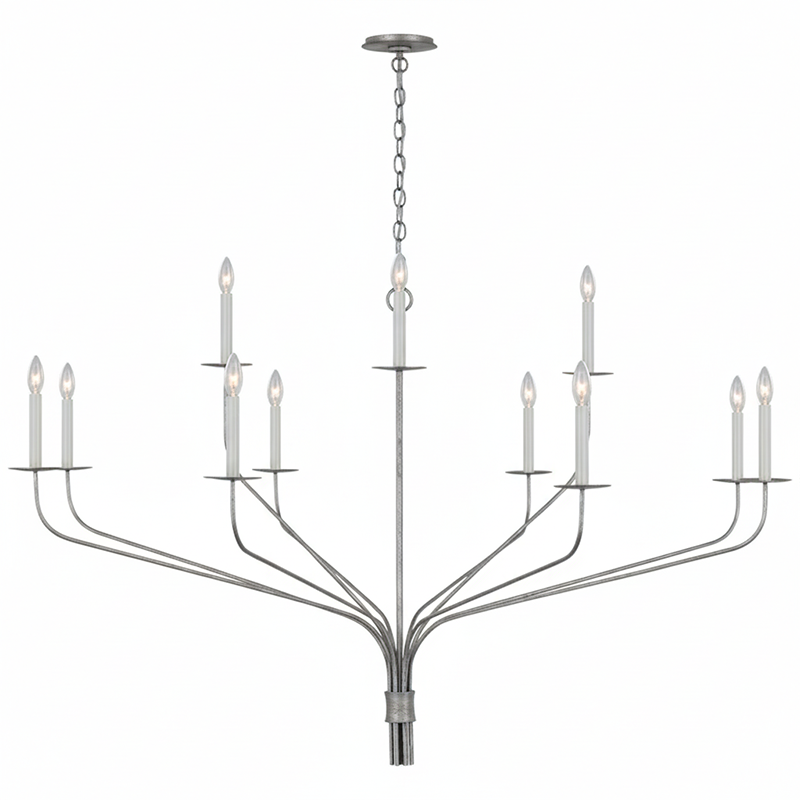 Minimalistischer Kronleuchter mit schlanken Armen und kerzenförmigen Fassungen – Moderne Design-Pendelleuchte in Messing, Schwarz oder Nickel | Restfield