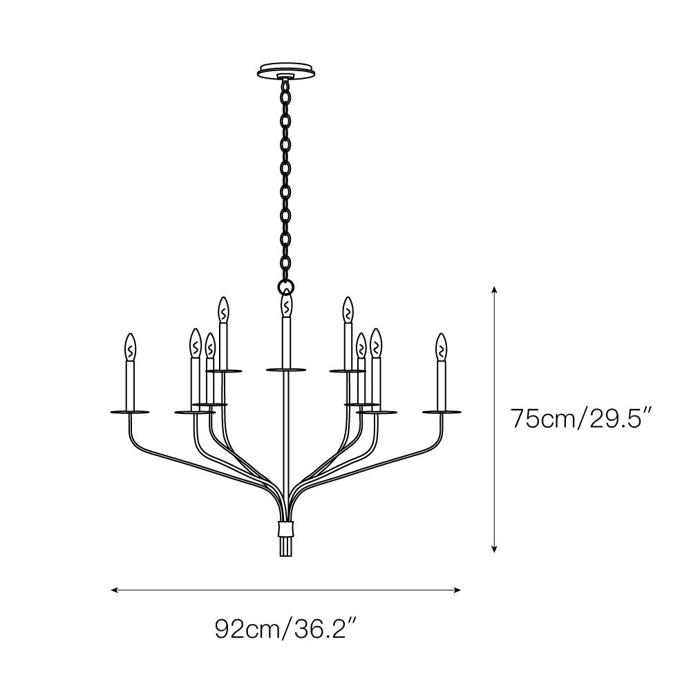 Minimalistischer Kronleuchter mit schlanken Armen und kerzenförmigen Fassungen – Moderne Design-Pendelleuchte in Messing, Schwarz oder Nickel | Restfield
