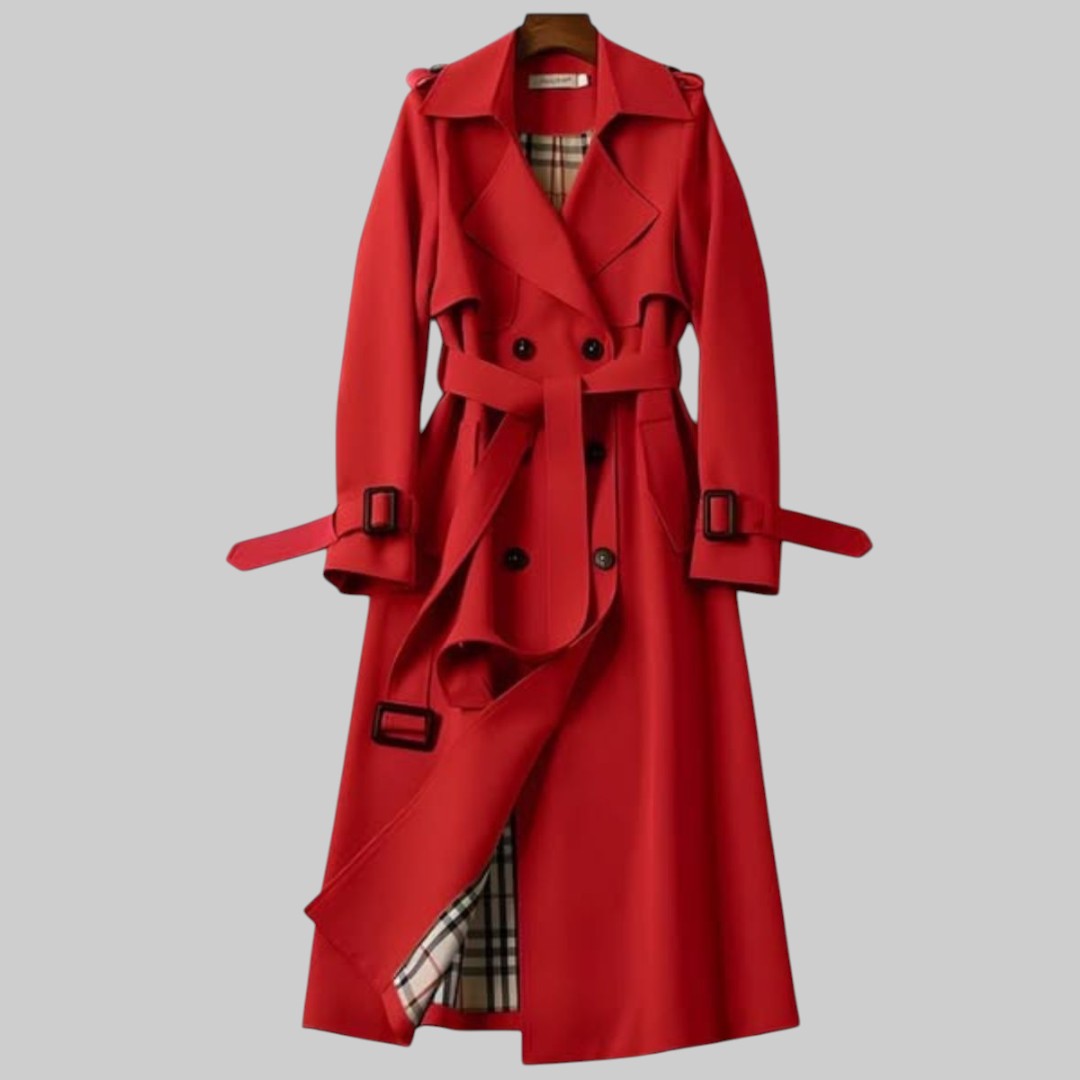 Langer Damen-Trenchcoat mit doppeltem Verschluss und Gürtel, Beige, Schwarz, Grau, Rot, Blau, stilvolle Arbeitskleidung | Sansoti
