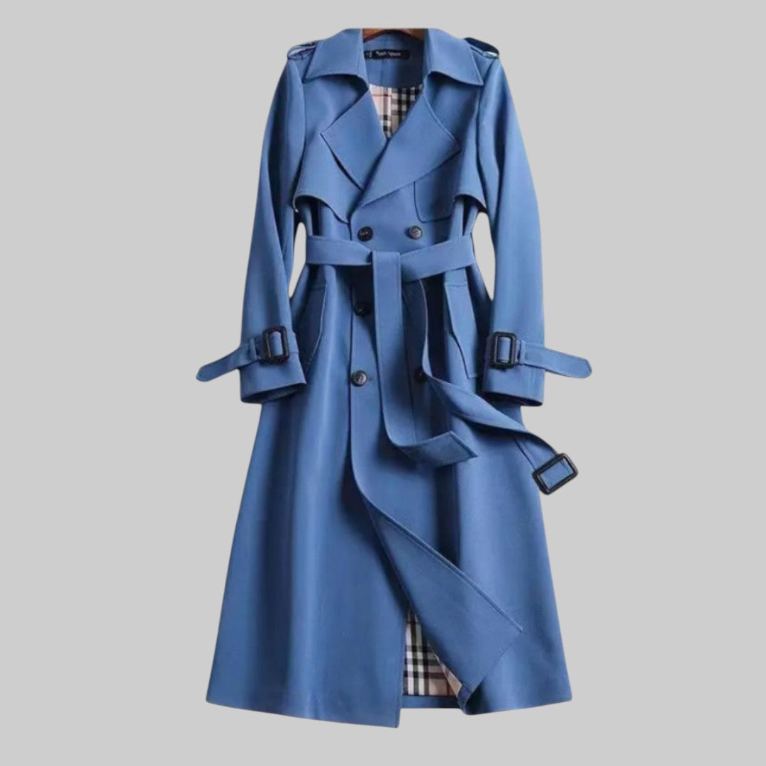 Langer Damen-Trenchcoat mit doppeltem Verschluss und Gürtel, Beige, Schwarz, Grau, Rot, Blau, stilvolle Arbeitskleidung | Sansoti