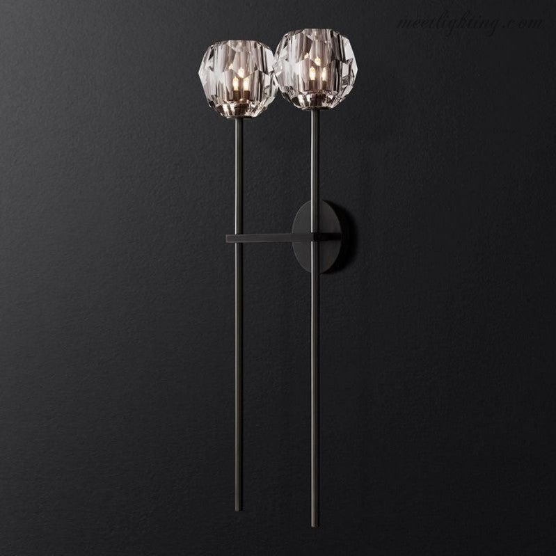 Double applique murale avec boules en verre cristal, laiton, hauteur de 71 cm, verre taillé à la main, éclairage luxueux et moderne pour le salon | Sansoti