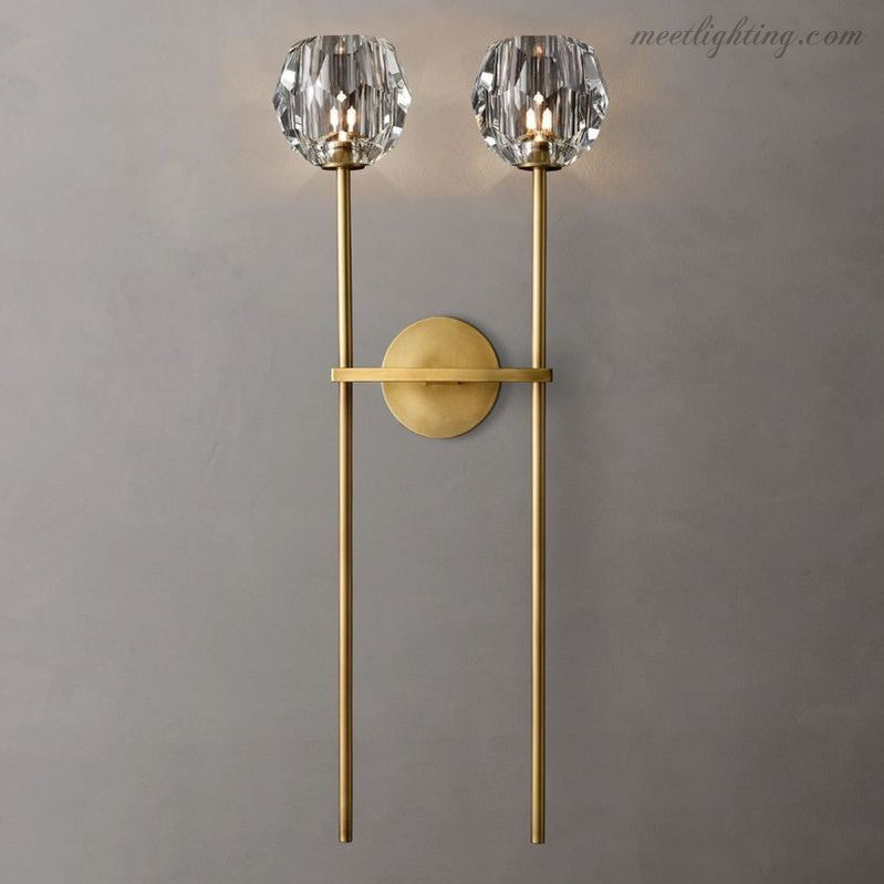 Double applique murale avec boules en verre cristal, laiton, hauteur de 71 cm, verre taillé à la main, éclairage luxueux et moderne pour le salon | Sansoti