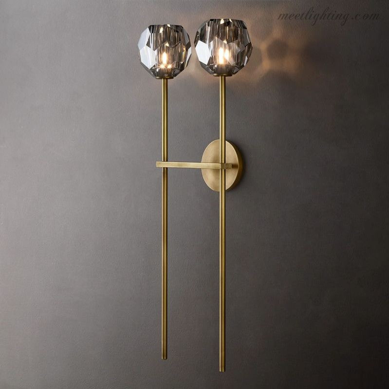 Double applique murale avec boules en verre cristal, laiton, hauteur de 71 cm, verre taillé à la main, éclairage luxueux et moderne pour le salon | Sansoti