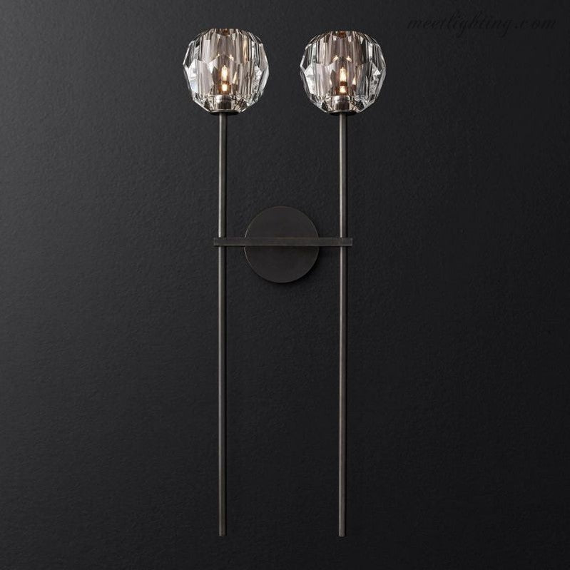 Double applique murale avec boules en verre cristal, laiton, hauteur de 71 cm, verre taillé à la main, éclairage luxueux et moderne pour le salon | Sansoti