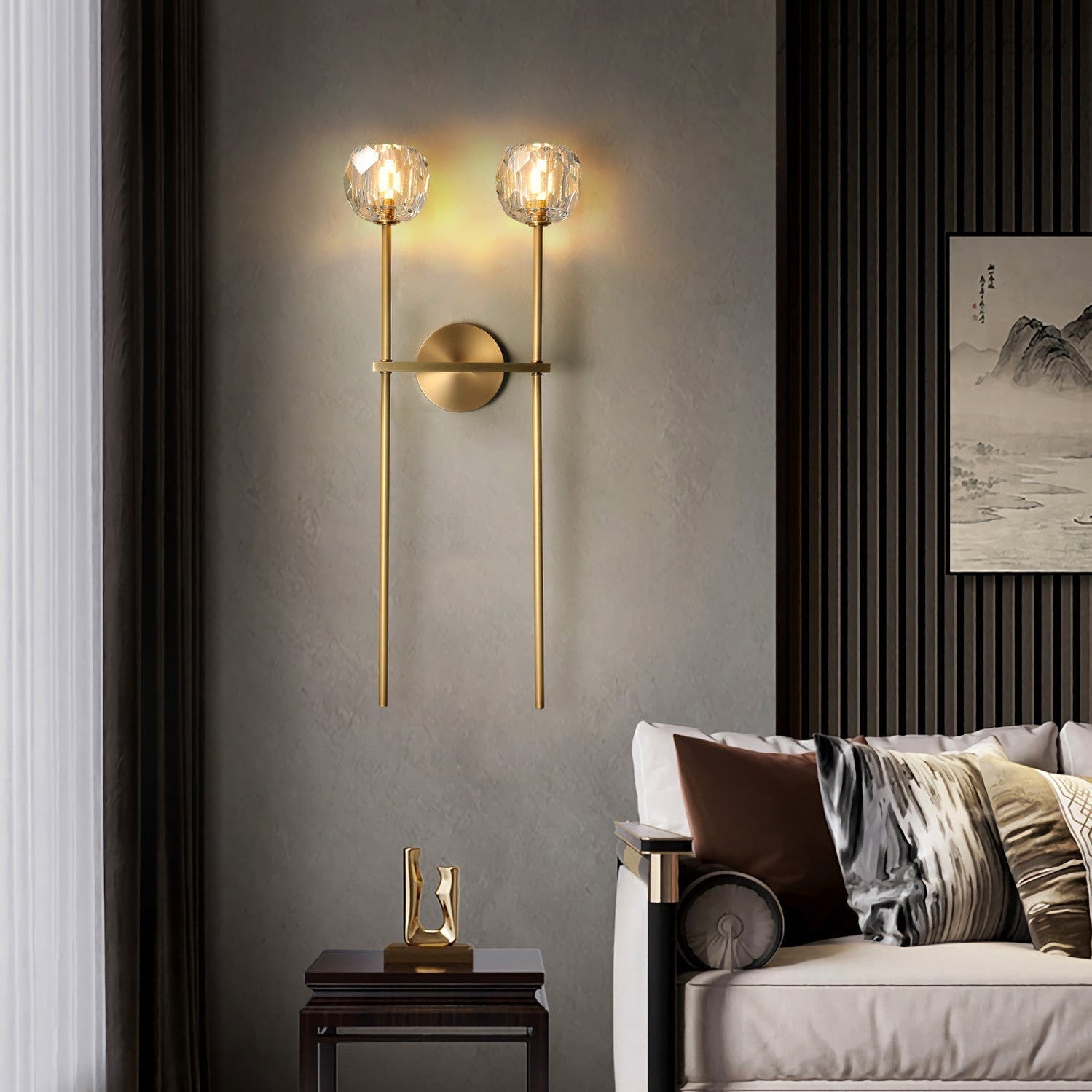 Double applique murale avec boules en verre cristal, laiton, hauteur de 71 cm, verre taillé à la main, éclairage luxueux et moderne pour le salon | Sansoti
