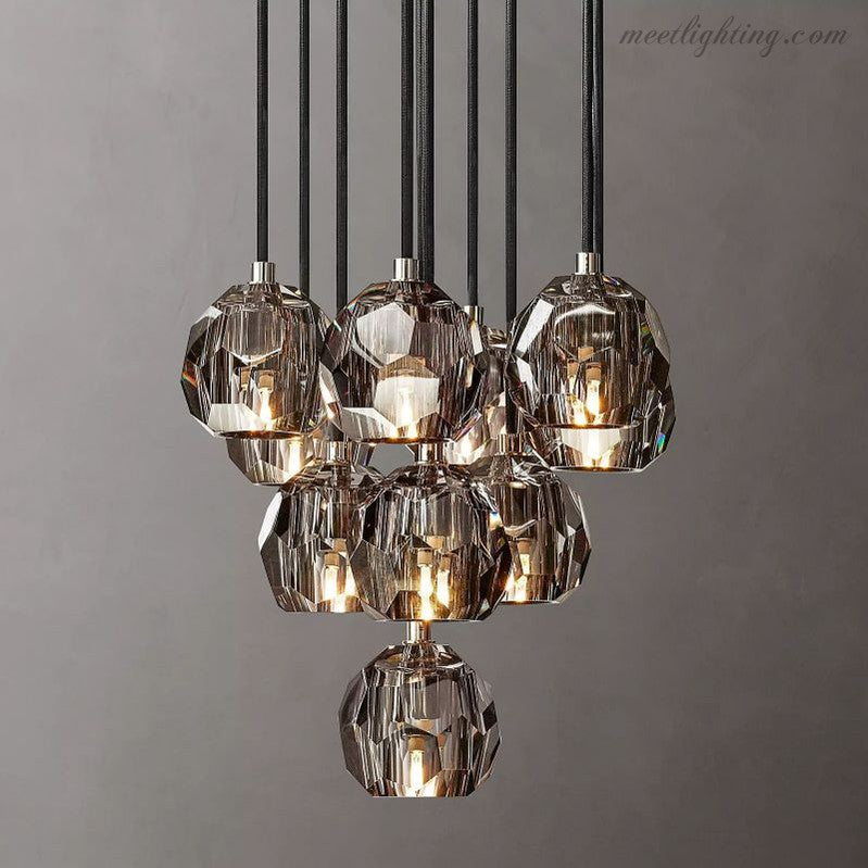 Glas-Cluster-Kronleuchter Ø35 cm Kristallkugeln 10 Lichtquellen Messing Rauchglas Esszimmer Wohnzimmer | Sansoti